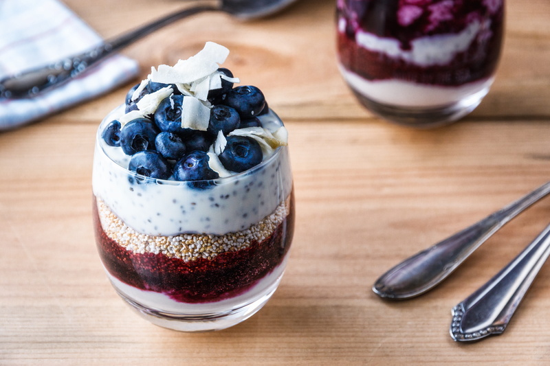 food and drink, meal, freshness, glass, yogurt, eating utensil, layered, kitchen utensil, dessert, sweet food, close-up, wellbeing, blueberries, garnish