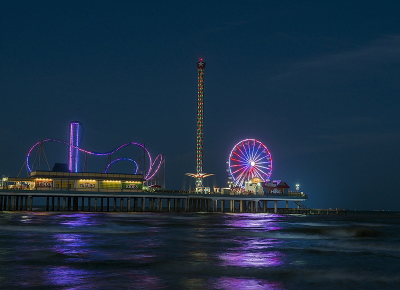 amusement park, Skyline, dusk, water, travel destinations, Texas, travel, Galveston, modern, architecture, motion, amusements, amusement park ride, sky