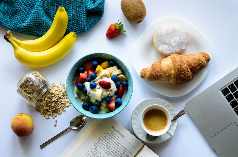view, wellbeing, ready-to-eat, cup, near, no people, meal, high angle view, mug, parfait, laptop, 4K, top, still life, drink, berries, indoors, food, bread