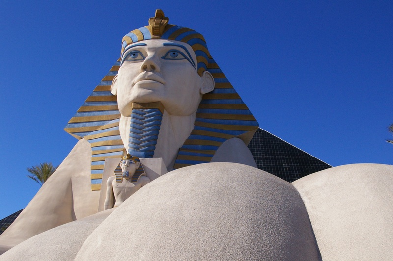 vegas, egypt, building, luxor, art and craft, sphinx, day, clear sky, architecture, statue, sunlight, blue, built structure, 2K, egyptian, ancient, nature