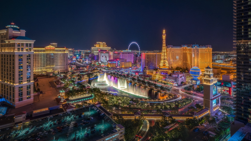 Skyscraper, Las Vegas, USA, Cityscape, Fountain, Building, City, 4K, Cities, Night