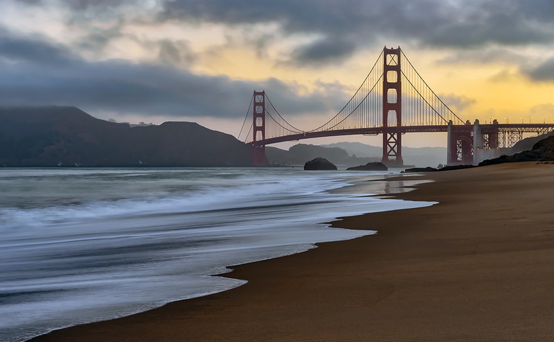 landscape, land, sunset, tourism, cloud - sky, sky, transportation, beach, USA, bridge, 1080P, outdoors, bay, San Francisco, architecture, sea, Pacific Ocean
