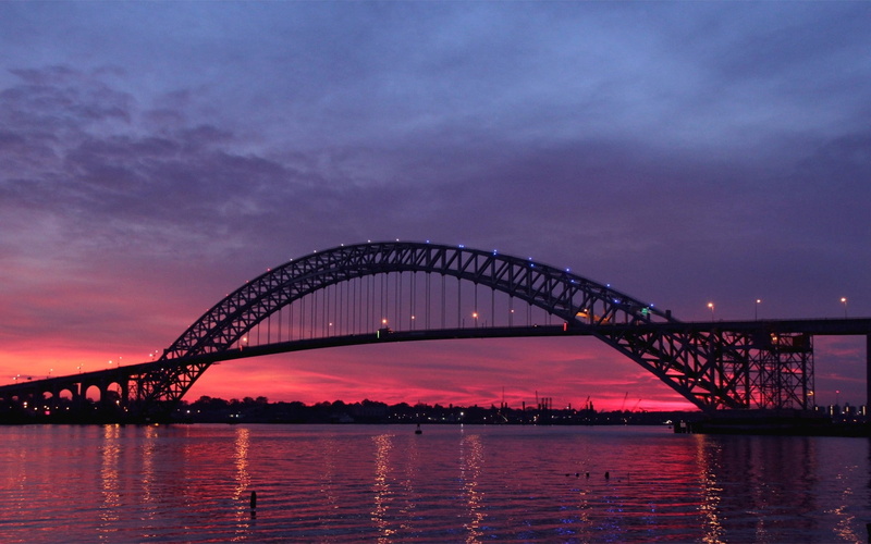 wilight, sunset, usa, bayonne bridge, river, new jersey, 1080P
