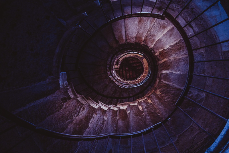 illustration, railing, indoors, no people, design, light at the end of the tunnel, directly above, curve, pattern, space, 5K, day, steps and staircases
