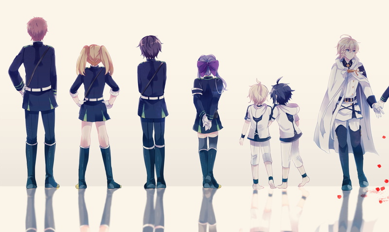 Mitsuba Sangū, Shinoa Hīragi, Black Hair, bow (Clothing), Twintails, Girl, Boots, Uniform, Blue Eyes, Yūichirō Hyakuya, Short Hair, Barefoot, Purple Hair