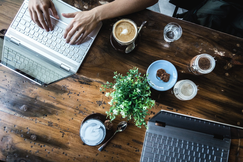 5K, cup, coffee, refreshment, food and drink, working, hand, digital, human hand, high angle view, wireless technology, communication, drinking glass