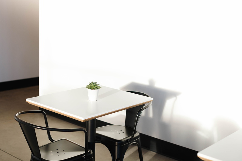 two, lifestyles, apartment, metal, design, furniture, minimalist, space, home Interior, empty, cafe, table, square, chairs, seat, wooden, plant, no People