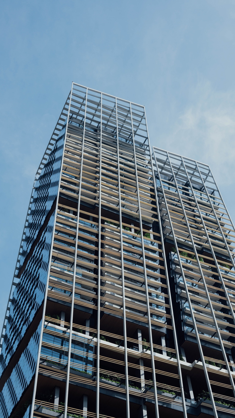 office building, tall - high, metropolis, condo, architecture, high, building exterior, 8K, low angle view, tower, skyscraper, modern, reflection, no people