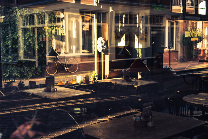 bar - drink establishment, glass - material, bike, window, bar counter, no people, transparent, restaurant, glass, lauriergracht, closed, indoors, cafe