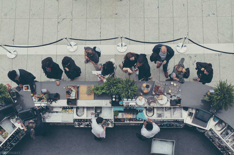 4K, lifestyles, business, bar, queue, variation, drink, wall - building feature, food, resto, near, lineup, people, high angle view, real people, women