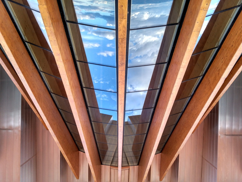 ceiling, white, clouds, day, metal, ocher, building exterior, Architecture, door, mirror, transparent, overcast, built structure, metallized, window, place of work