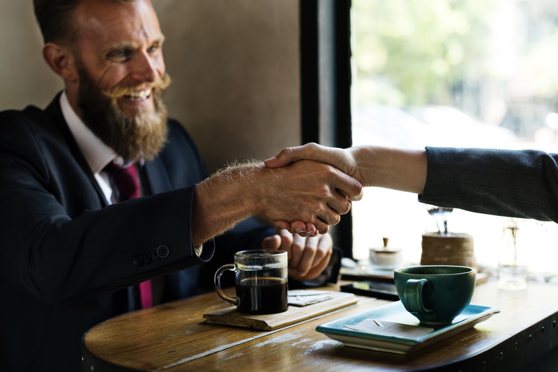 handshake, men, mature adult, near, corporate, beard, coffee, coffee shop, cheerful, talk, adult, mature men, meeting, communication, shaking, people, drink