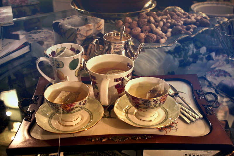 table, porcelain, serving, refreshment, beverage, crockery, pottery, traditional, teas, kitchen utensil, indoors, drink, nuts, tray, cutlery, teapot, kitchenware