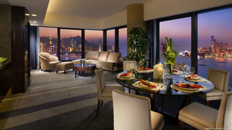 no people, restaurant, wealth, 1080P, skyscraper, built structure, chair, food, absence, domestic room, dining, cityscape, business, furniture, window