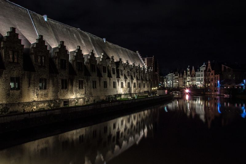 building, copy space, city centre, night, waterfront, leie, medieval, belgium, nighttime, reflection, gent, nature, history, water, groot vleeshuis, built structure