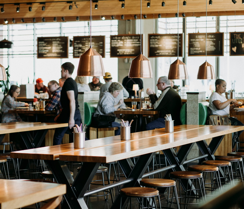 adult, 4K, group, seat, city, inside, cafe, hall, coffee shop, people, large group of people, dining, eating, women, restaurant, chair, working, males