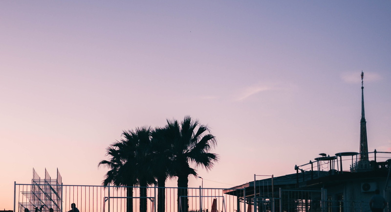 cafe, tea, building, sunset, building exterior, sky, low angle view, russia, tree, cups, palm tree, clear sky, 2K, copy space, coffee maker, sochi, blacksea