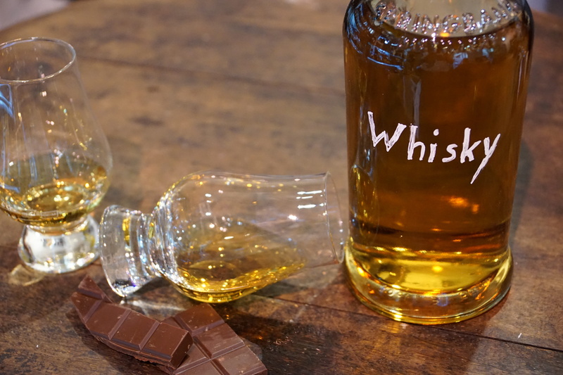 drinking glass, still life, beside, food and drink, glass, bottle, brandy, drinking, table, freshness, whiskey glass, whisky, scotland, wood - material