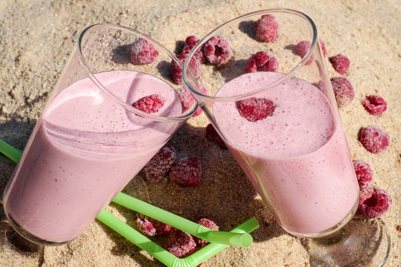 two, indoors, clear, shake, temptation, fruit, wellbeing, summer, food And Drink, milk, healthy, high angle view, red, brown soil, berry fruit, glasses