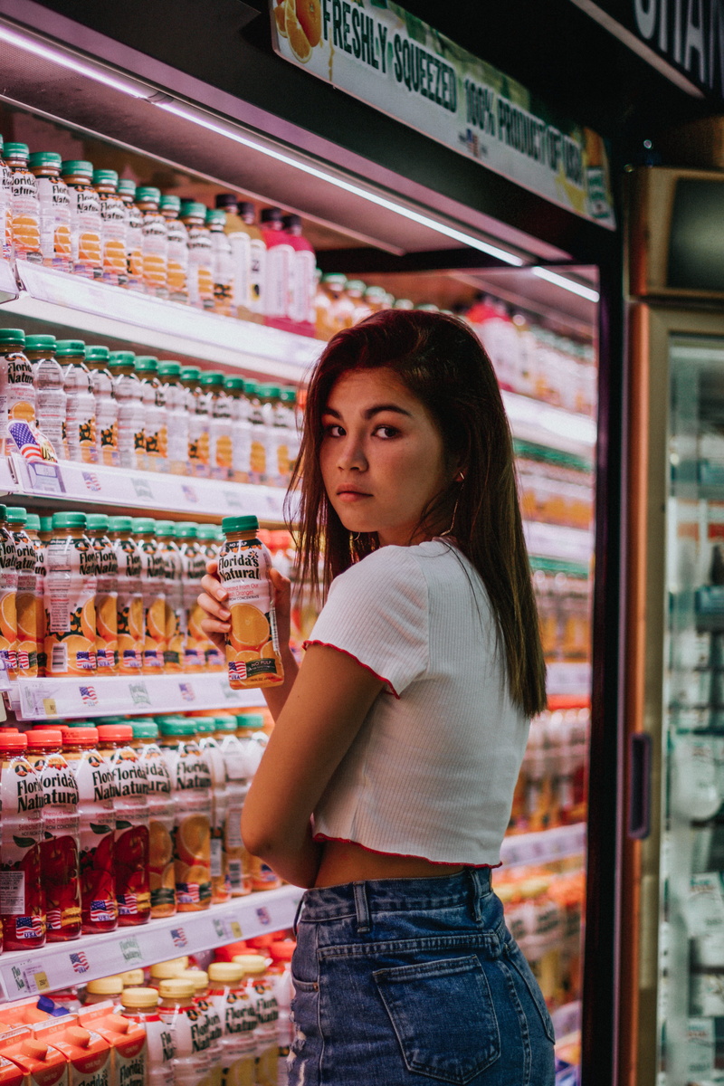 long hair, cooler, labeled, snack, female, portrait, indoors, 5K, cloud, beverage, refrigerator, one person, girl, fashion, closeup, young adult, standing