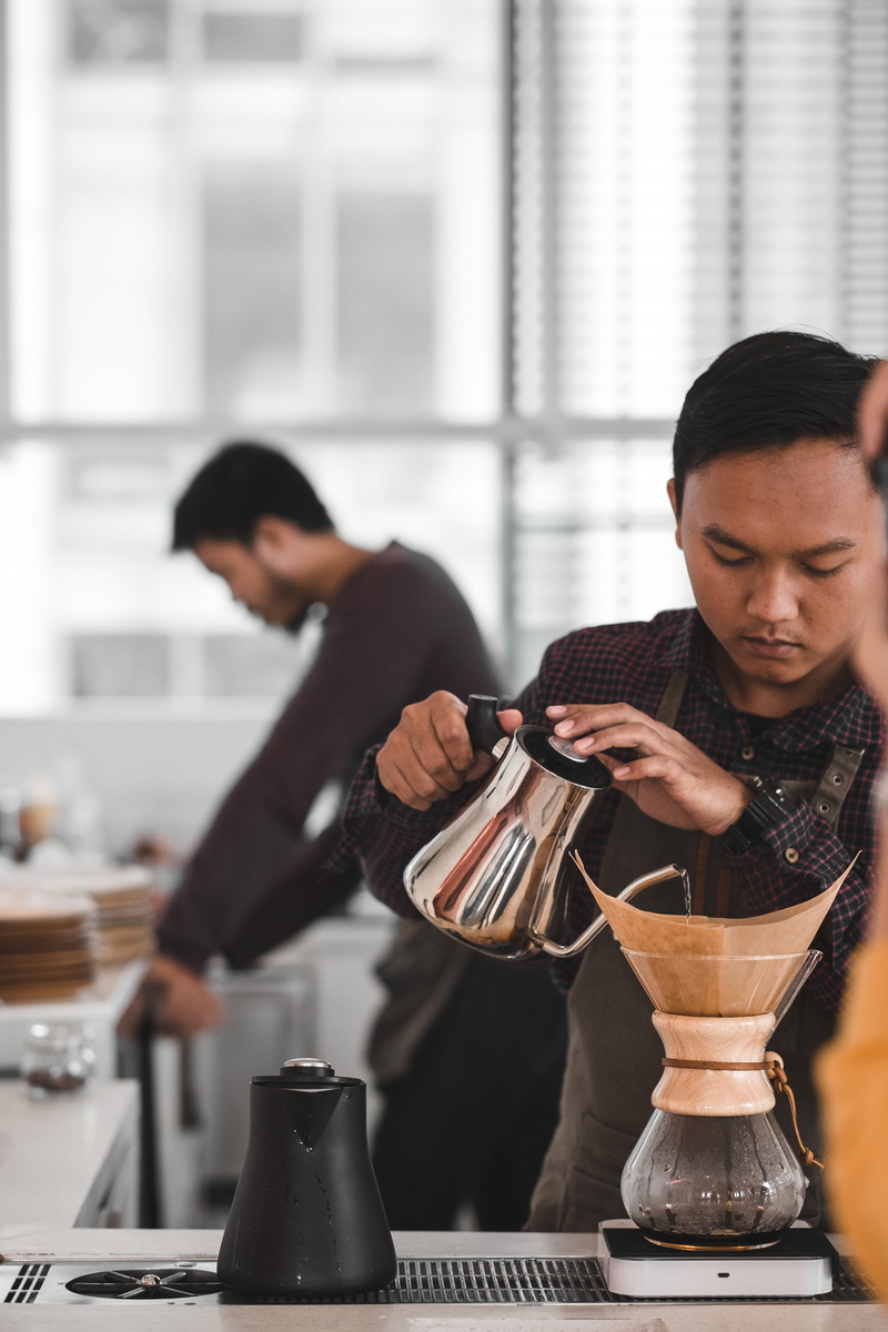 jar, brewing, coffee bean, pouring, adult, drink, espresso, males, v60, kitchen, occupation, man, young adult, domestic room, 4K, water, coffee, glass