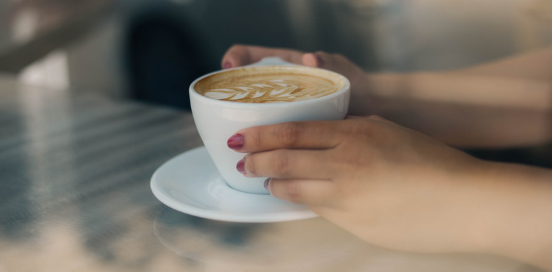 coffee - drink, cup, shop, ceramic, saucer, lady, white, 4K, close-up, one person, window, human hand, cafe, hot drink, mug, business, adult, coffee shop