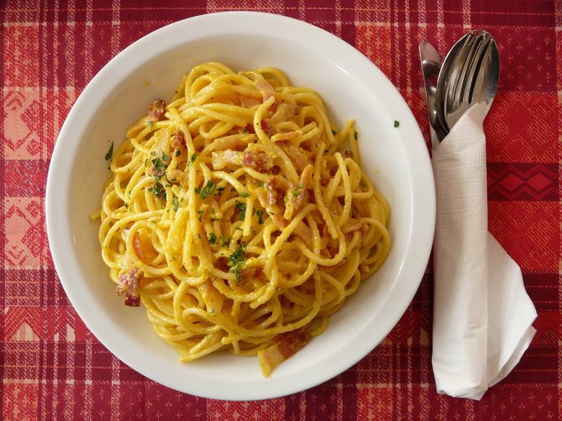 ready-to-eat, noodles, high angle view, white, cutlery, knife, hearty, food and drink, cabonara, eat, directly above, spoon, wellbeing, still life, no people