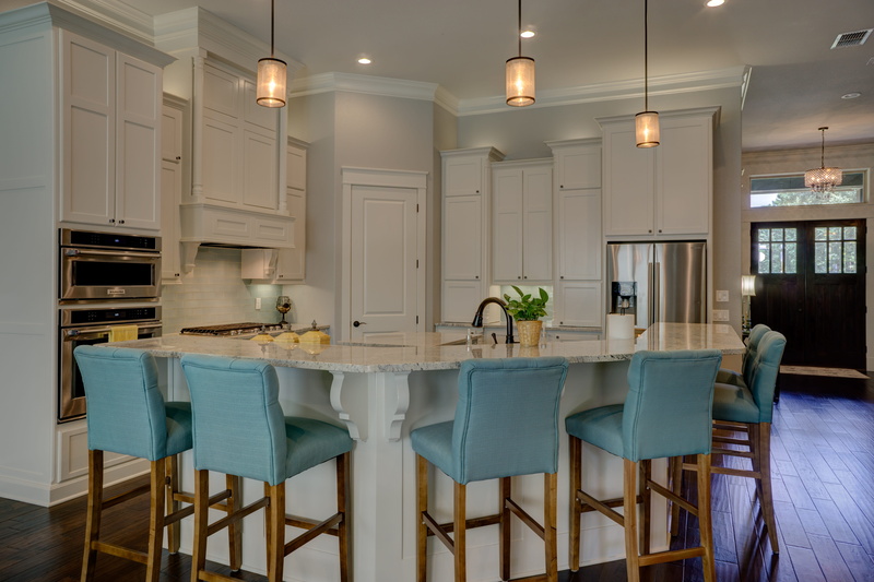 dining table, cooking, residential, seat, interior, illuminated, real, 5K, home interior, empty, cabinet, kitchen interior, bar counter, modern, pendant light