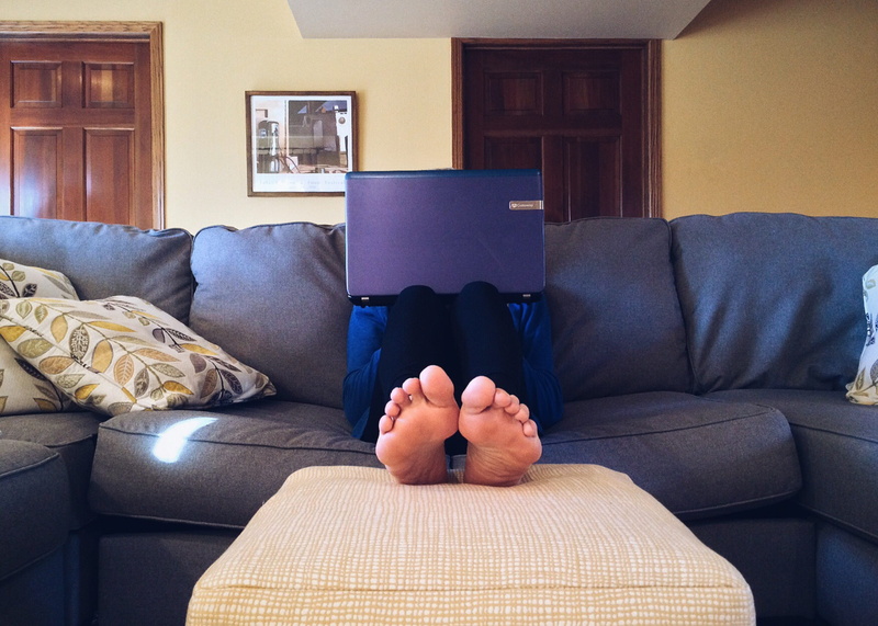 laptop, person, human foot, comfortable, sitting, cushion, obscured face, seat, lifestyles, 2K, body part, cozy, leather, relaxation, human body part