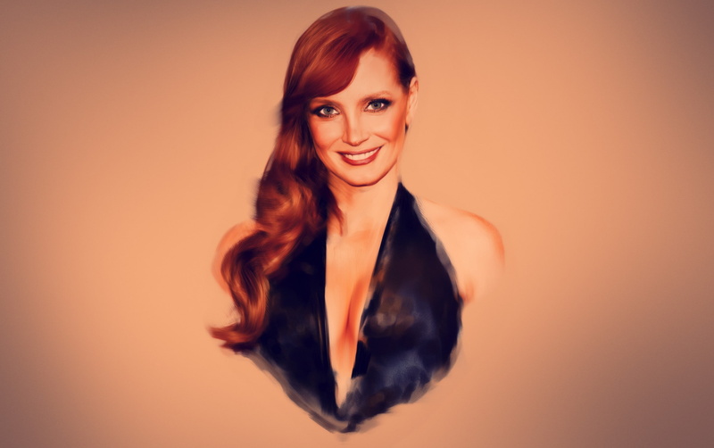 adult, long hair, smiling, hair, women, fashion, young adult, portrait, one person, young women, indoors, Jessica Chastain, orange background, 2K, studio shot