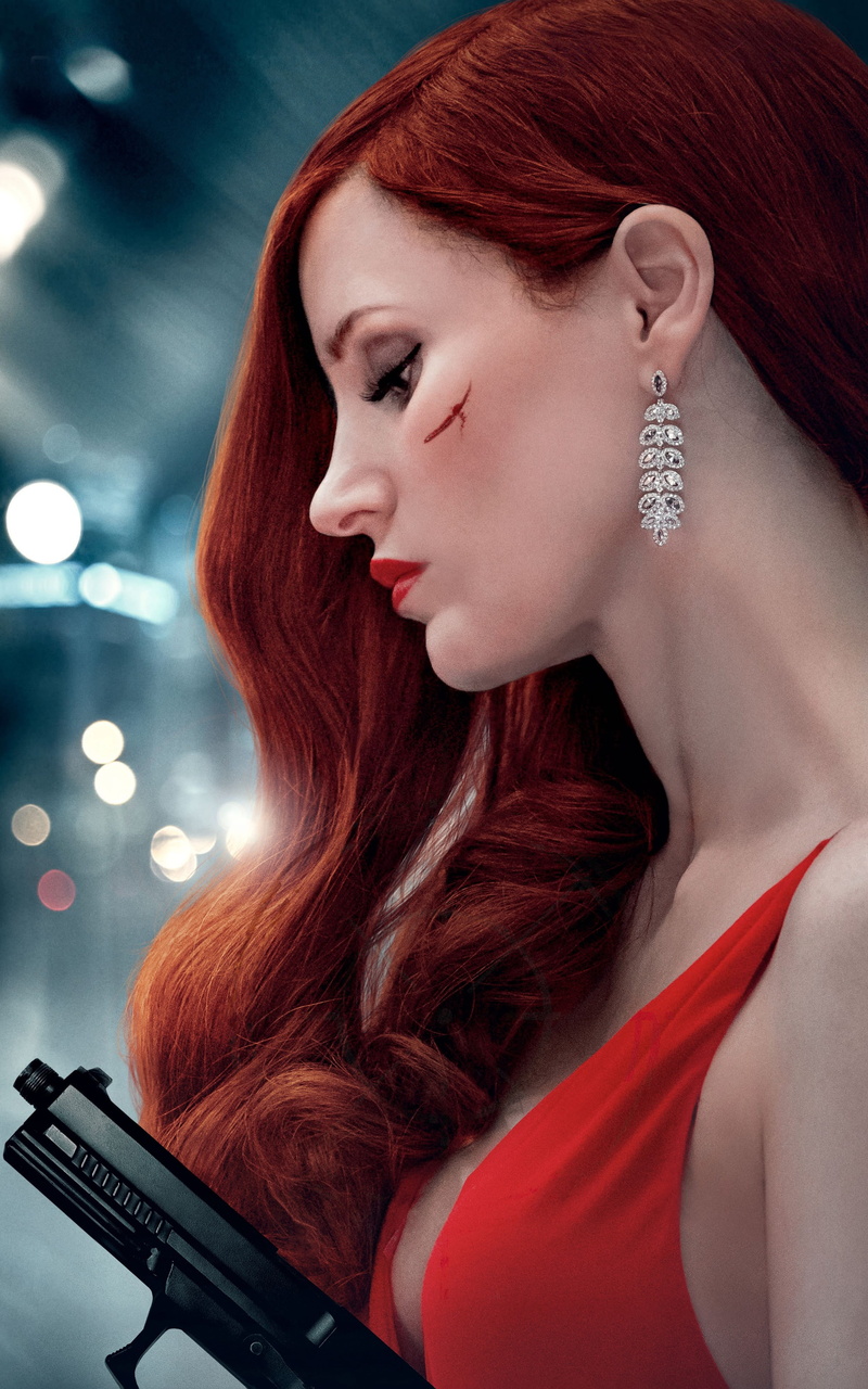 redhead, Jessica Chastain, 4K, movie poster, women, Ava (movie), red dress, gun