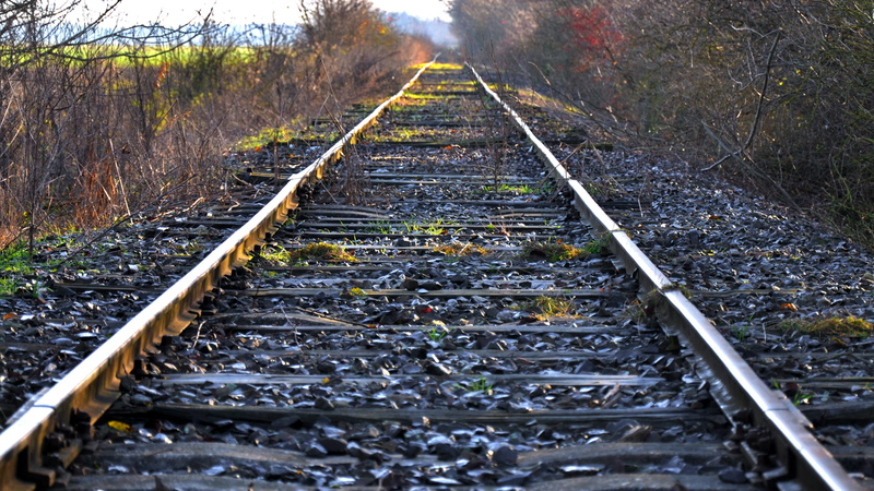 mode of transportation, vanishing point, 2K, parallel, no people, land, surface level, rot away alongside, outdoors, the way forward, railroad track, plant