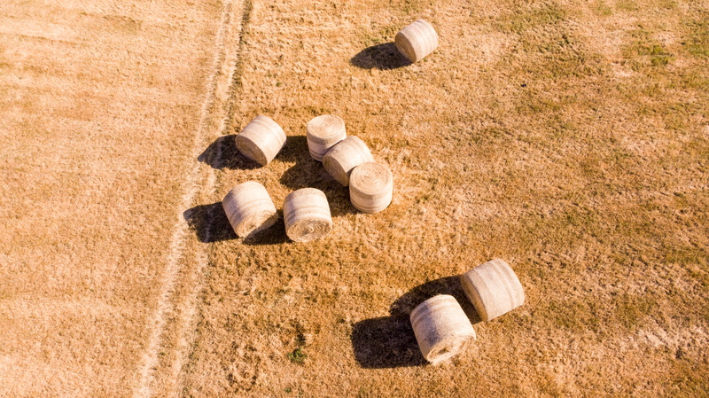 food, sphere, sport, countryside, hay bail, sand, roll, land, brown, container, 4K, aerial, view, no people, grain, outdoors, produce, wantage, motion