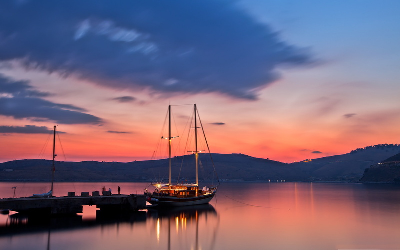 evening, outdoors, alongside, ocean, tranquility, boat, reflection, scenics - nature, harbor, cloud - sky, marina, landscape, pole, nautical vessel