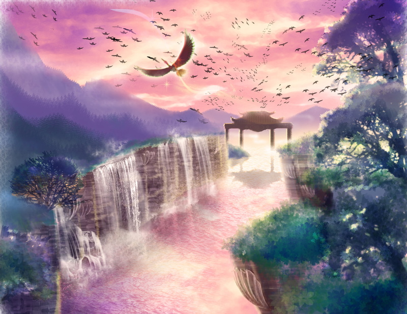 wings, scenic, 1080P, sunset, pokemon, waterfall, sky, tree, ho oh, bird, water, newtop, clouds, animal, grass