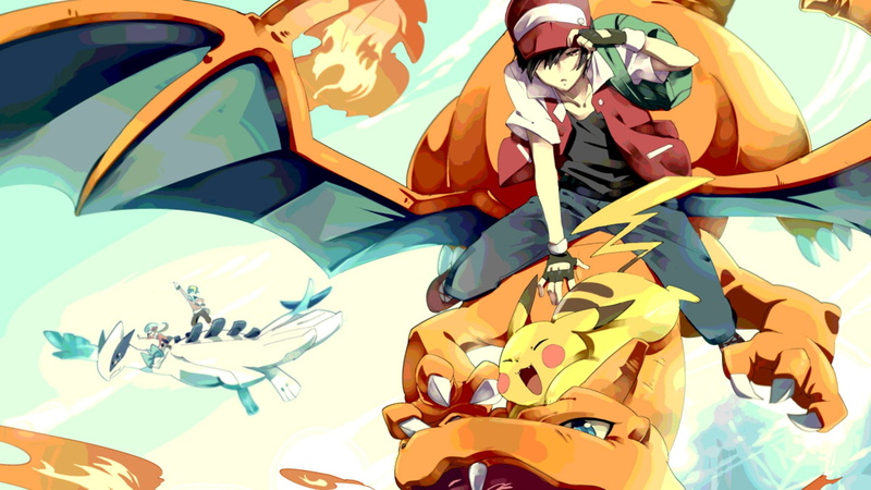 men, Lugia, art and craft, backgrounds, creativity, image, riding, Charizard, Red (character), people, vector, 1080P, animal, man, Pikachu, real people