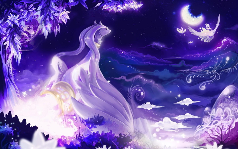 720P, fantasy, reshiram, lights, magic, pokemon, clouds, night, trees, anime, moon