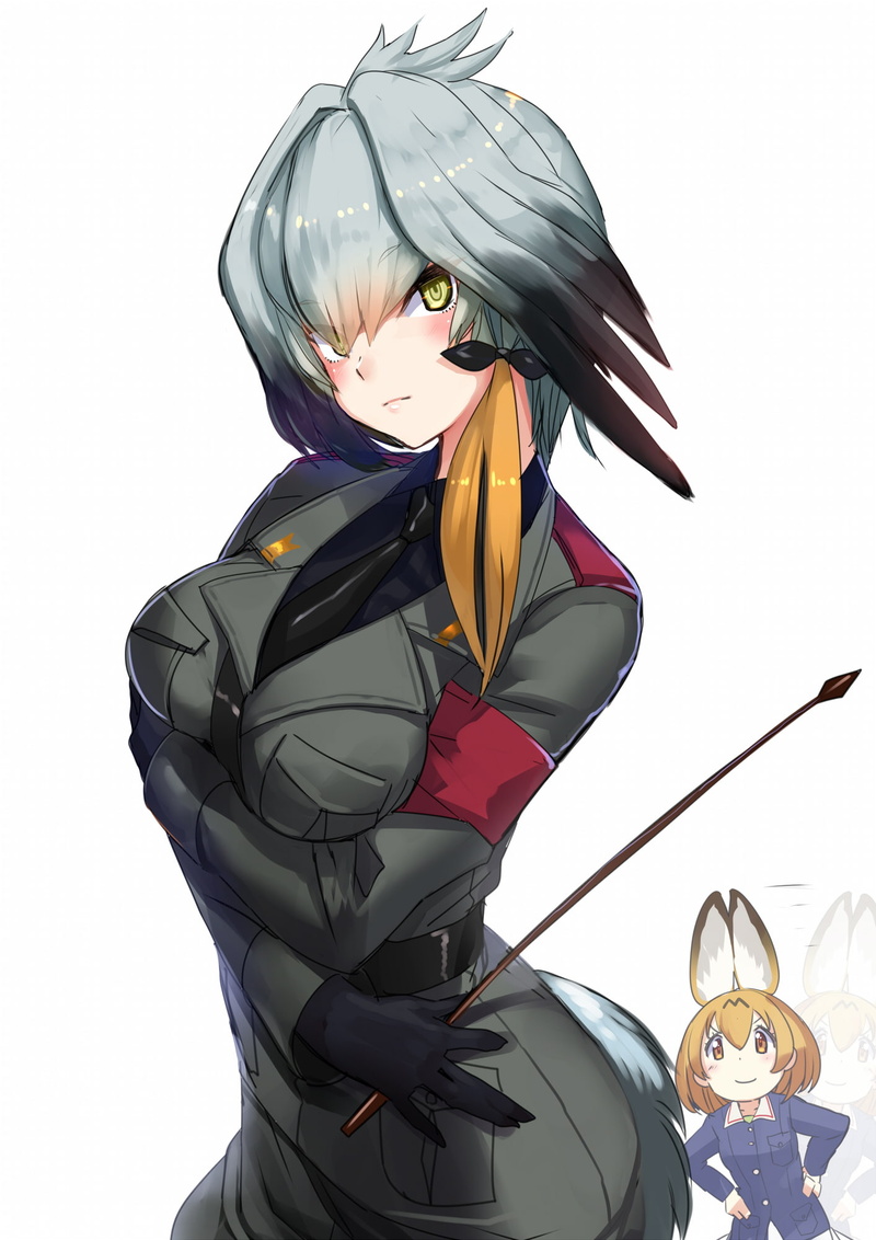 animal ears, white background, women, Kemono Friends, crossover, Shoebill (Kemono Friends), one person, 1080P, Girls und Panzer, art and craft, male likeness