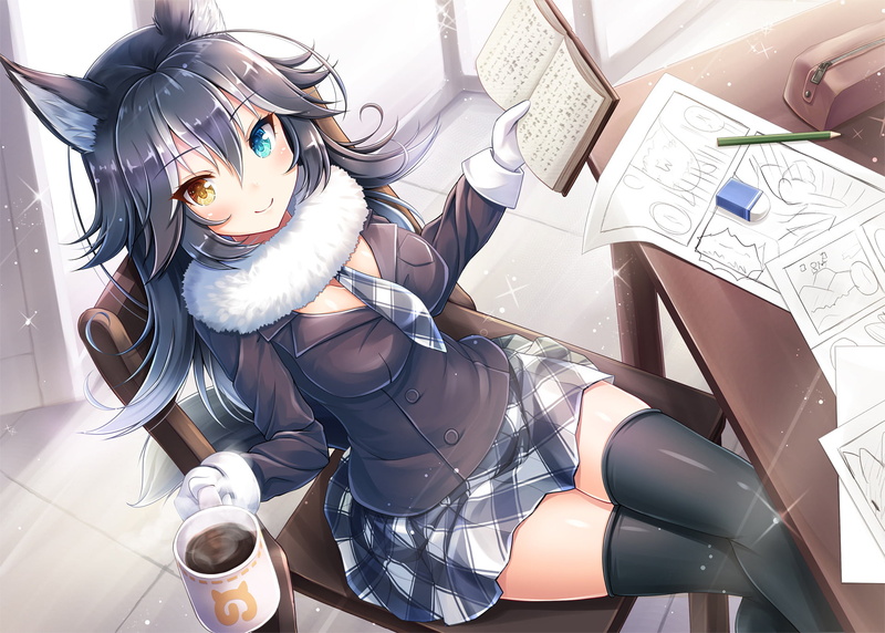 indoors, close-up, Kemono Friends, sunlight, mammal, human representation, male likeness, female likeness, still life, day, mask, Heterochromia, table