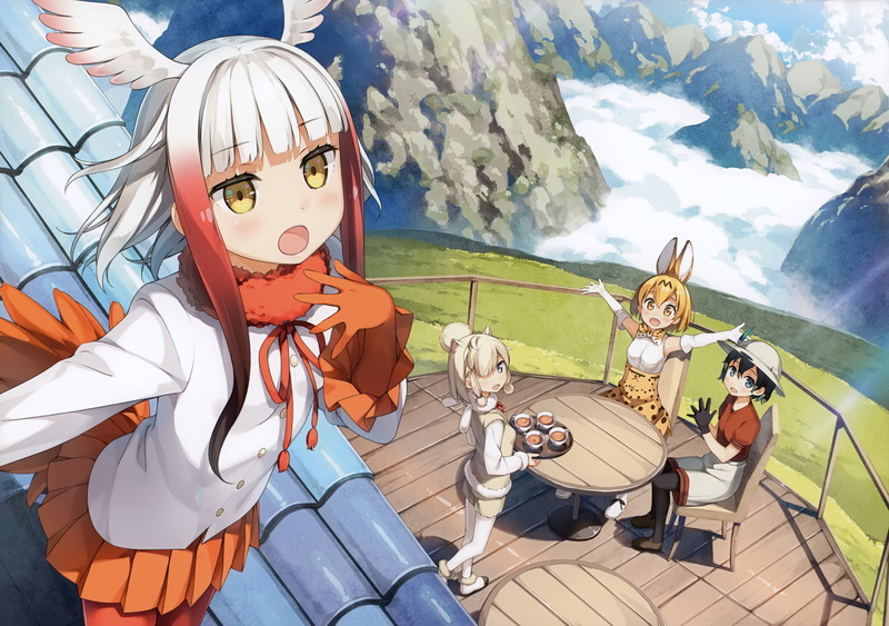 mountain, sunlight, outdoors, kaban, no people, seat, crested ibis, drinks, Anime, scenics - nature, art and craft, representation, nature, table, human representation