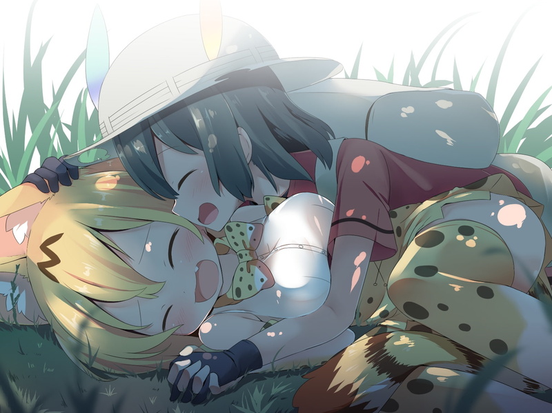 friends, catgirl, 2girls, elbow, 241415, kemono, blush, grass, konachan, tail, kaban, 720P, com, black, ears, serval, blonde, gloves, short, animal, hat