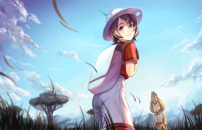 outdoors, Anime, female likeness, no people, kemono friends, field, day, nature, 2K, wind, representation, sunlight, clothing, three quarter length, cloud - sky