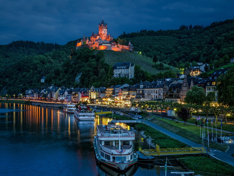 home, ships, Cochem, Marina, Rhineland-Palatinate, river, night city, Moselle River, Germany, Cochem Castle, 1080P, castle, The River Moselle