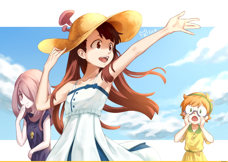 Yansson Lotte, Little Witch Academia, anime girls, anime, Sucy Manbavaran, clear sky, Kagari Akko, 2K, white dress, white skin, Manbavaran Sucy