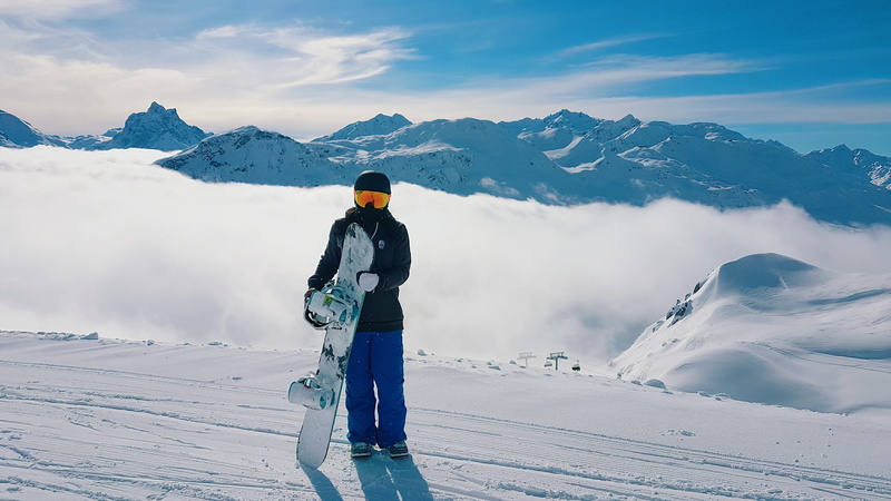 mountain range, snowy, snowcapped mountain, sky, cold temperature, warm clothing, 4K, holding, winter sport, sport, cloud, chair, carrying, covered, sun