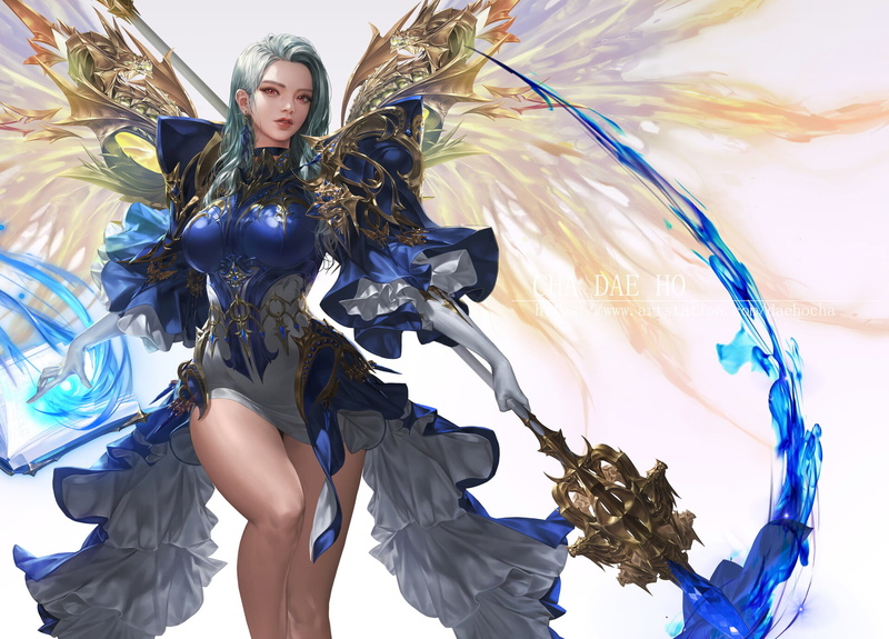Daeho Cha, water, looking at viewer, women, magician, armor, 1080P, staff, drawing, red eyes, wings, spell