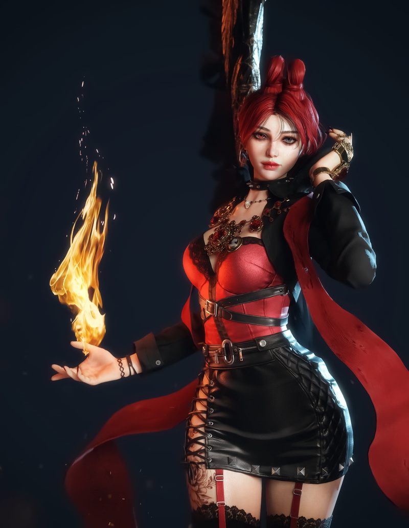 Yerim Kim, fire, black clothing, 1080P, red clothing, heterochromia, lipstick, women, CGI, redhead, magician