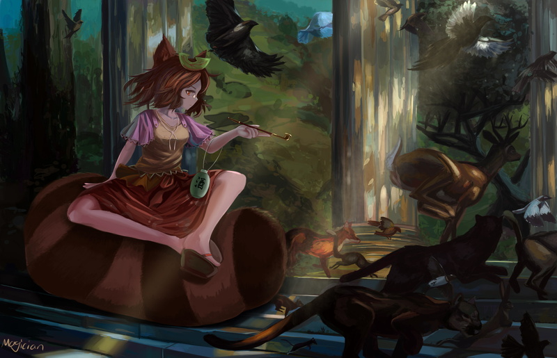 hair, mamizou, bunny, bird, red, animal, ears, 2K, fox, brown, artist, eyes, touhou, short, futatsuiwa, tail, magician