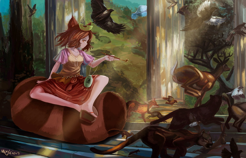eyes, animal, com, mamizou, futatsuiwa, konachan, magician, bird, brown, 2K, short, hair, red, fox, (artist), bunny, touhou, 240768, signed, tail, ears