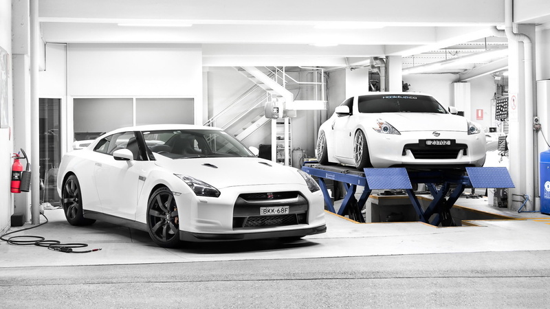 white, tuning, architecture, coupes, car dealership, gt-r, stationary, 370z, equipment, people, parking, incidental people, indoors, 1080P, automobile industry